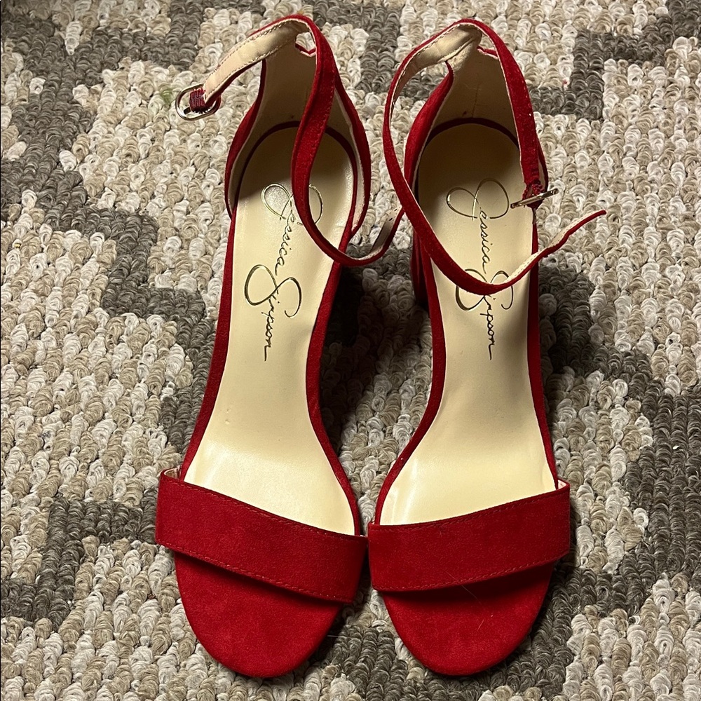 Stunning Party Sexy Jessica Simpson Red Velvet Strapped Heels Size 8